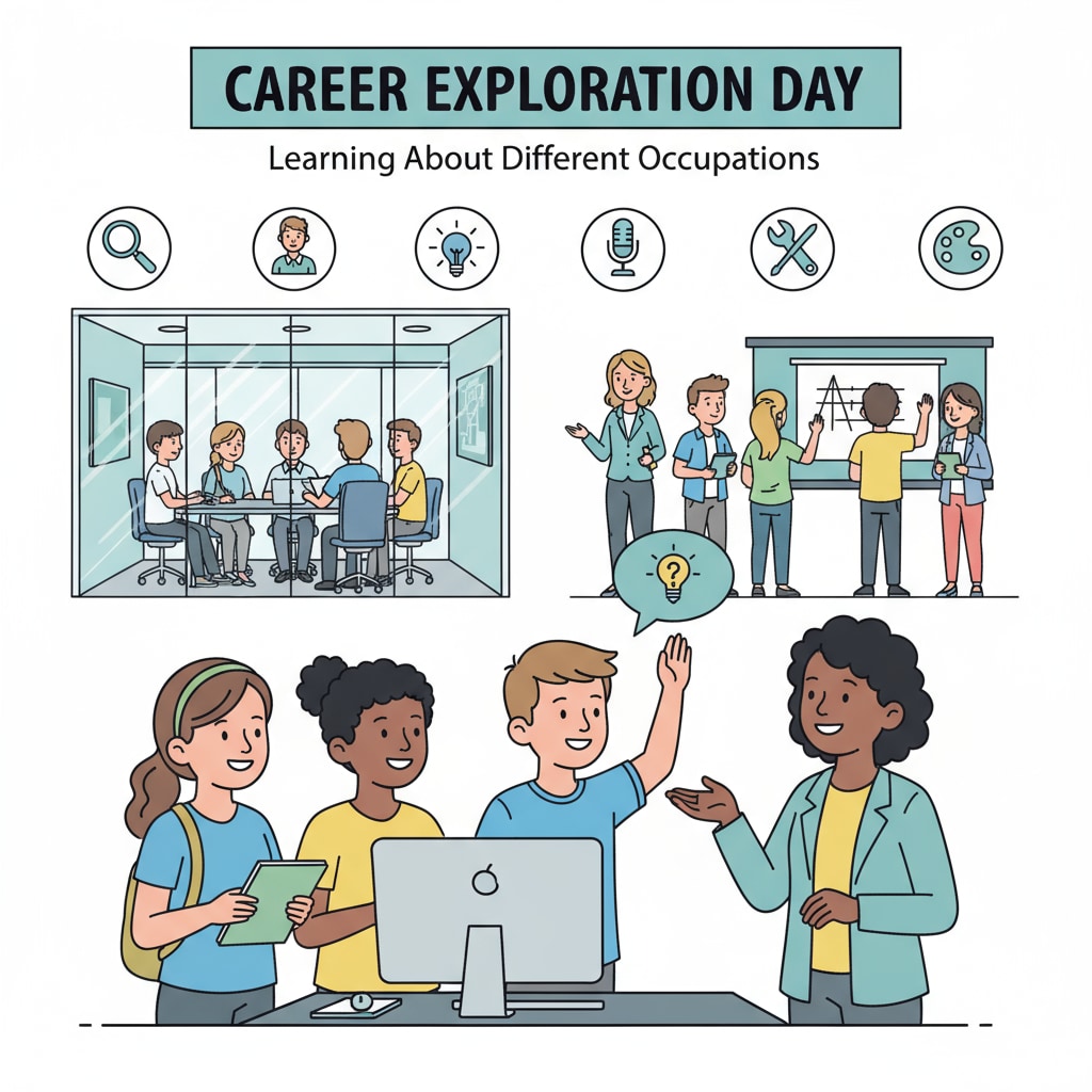 A group of students are actively participating in a career exploration activity, visiting a workplace, observing professionals at work, and asking questions, which helps them understand different occupations better. K12 students participating in a career exploration activity to understand job realities