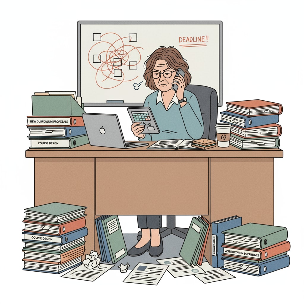 A faculty member is seen sitting at a desk, surrounded by files related to new curriculum development. There is a stressed expression on their face as they try to manage multiple tasks. A faculty member dealing with increased responsibilities of new curriculum development without salary adjustment in higher education