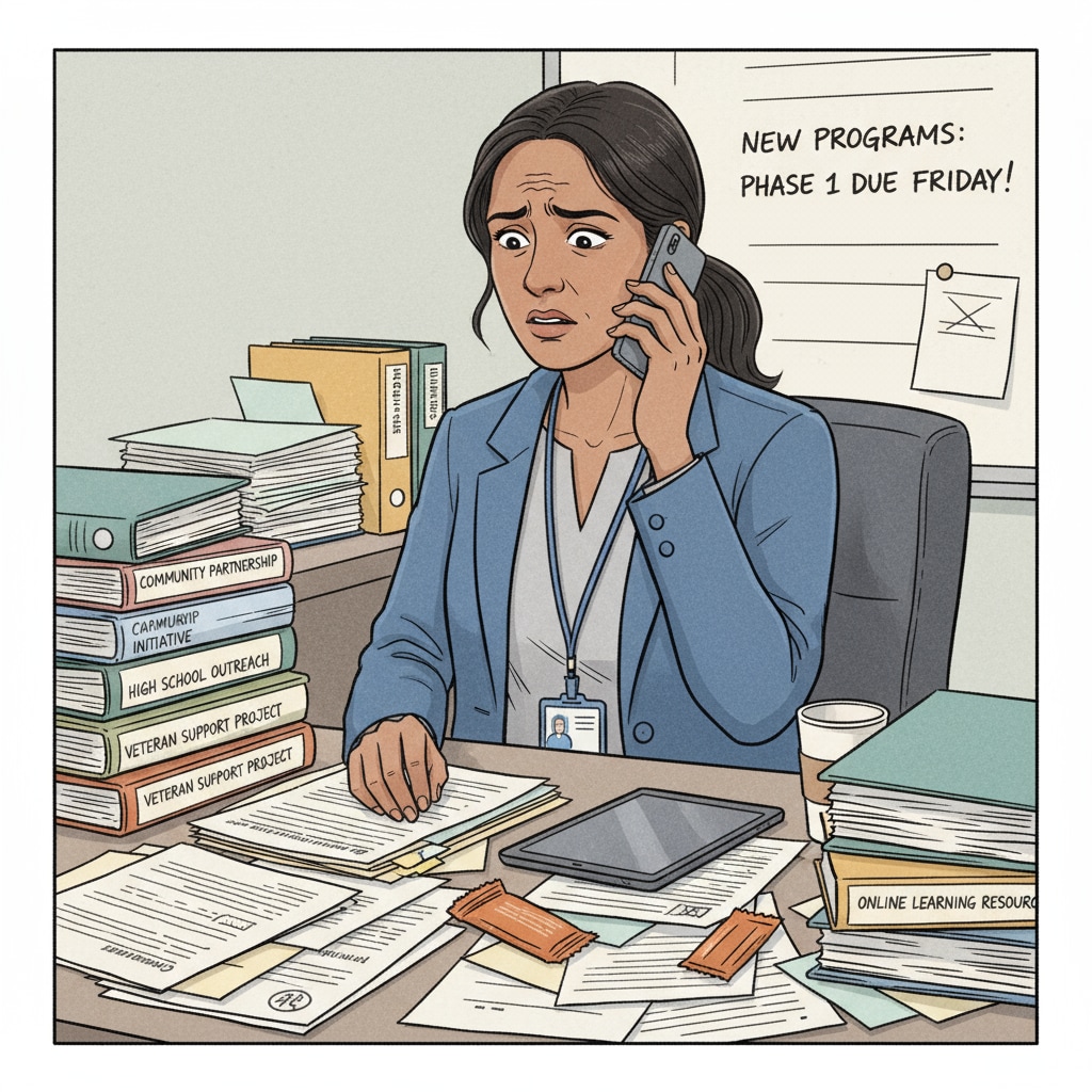 A student services staff member is on the phone, with a worried look. There are papers and files scattered on the desk, indicating multiple tasks related to new outreach programs. A student services staff member handling extra responsibilities of new outreach programs without salary increase in higher education