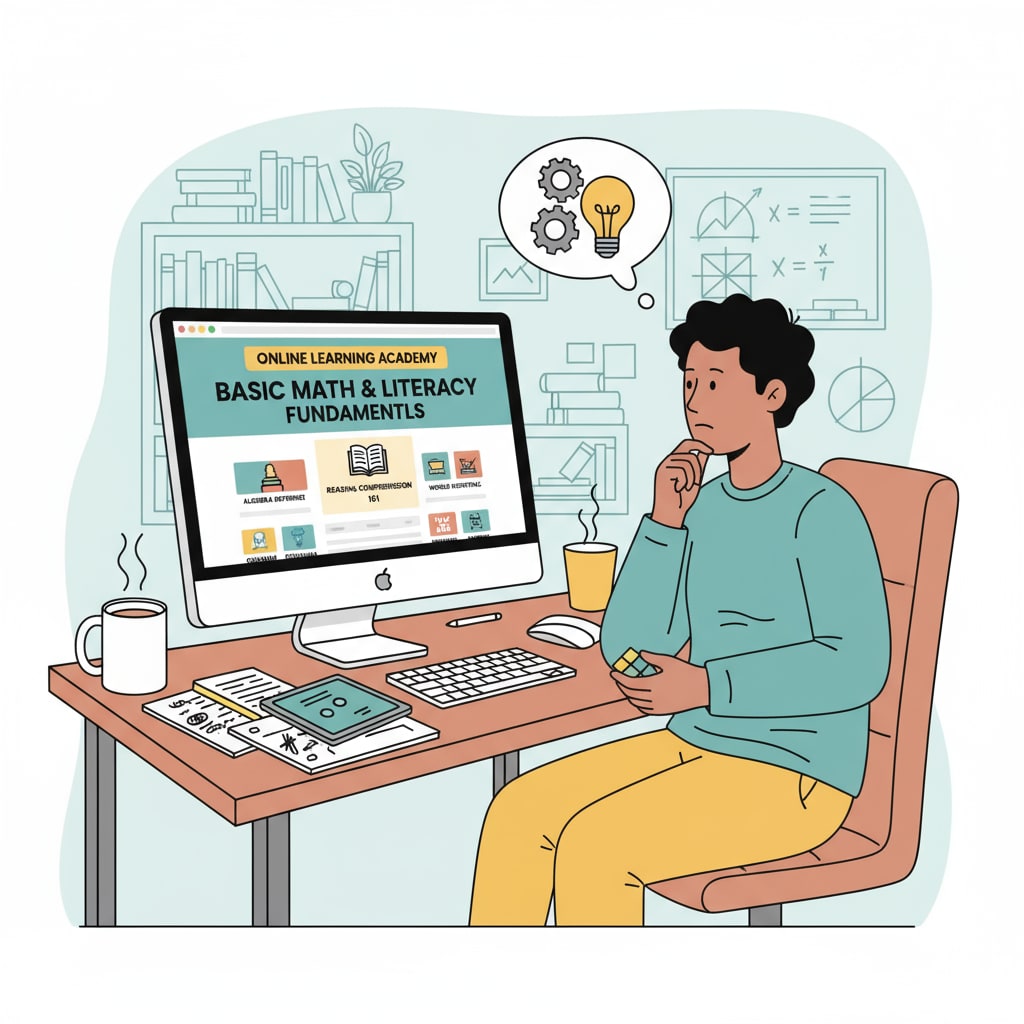 A person sitting at a desk, looking at a computer screen filled with educational materials, symbolizing the process of an adult with ADHD starting to review basic education online An adult with ADHD starting to review basic education using online learning resources
