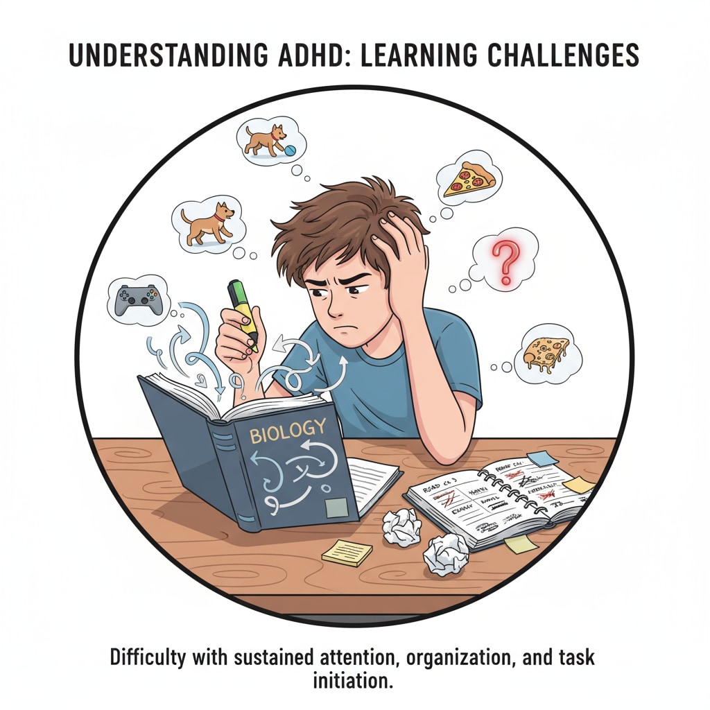 A close-up image of a person with ADHD trying to focus on textbooks, with notes and a planner beside, representing the challenges they face in the process of reviewing basic education A person with ADHD facing challenges while reviewing basic education