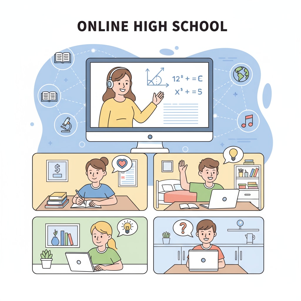 A virtual classroom scene where students are engaged in online learning, representing the environment of online high school. Students learning in an online high school environment related to credit requirements and high school diploma.