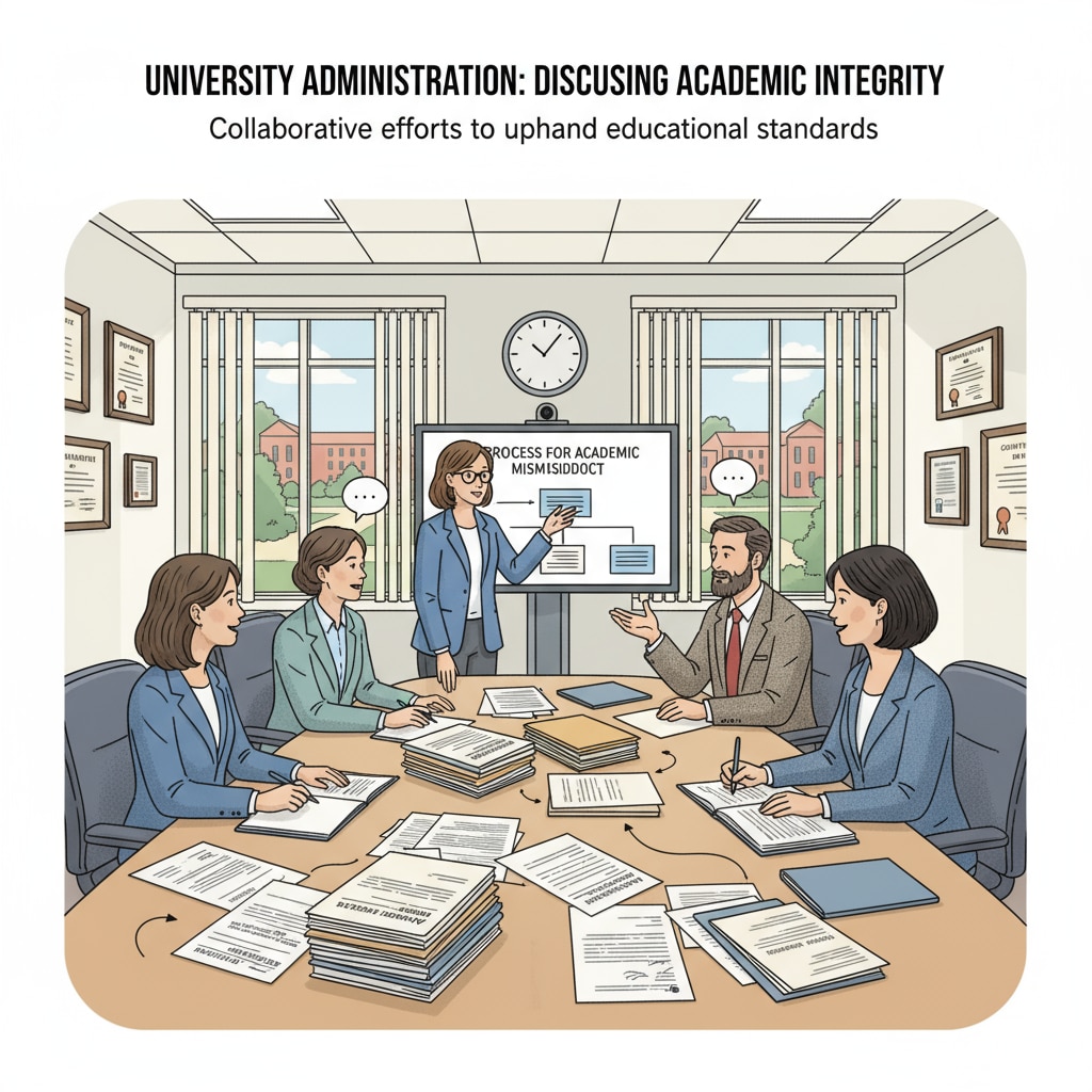 A group of university administrators discussing in a meeting room, with papers related to academic integrity on the table University administrators discussing academic integrity, which is related to the issues of false accusations, AI use, and university liability
