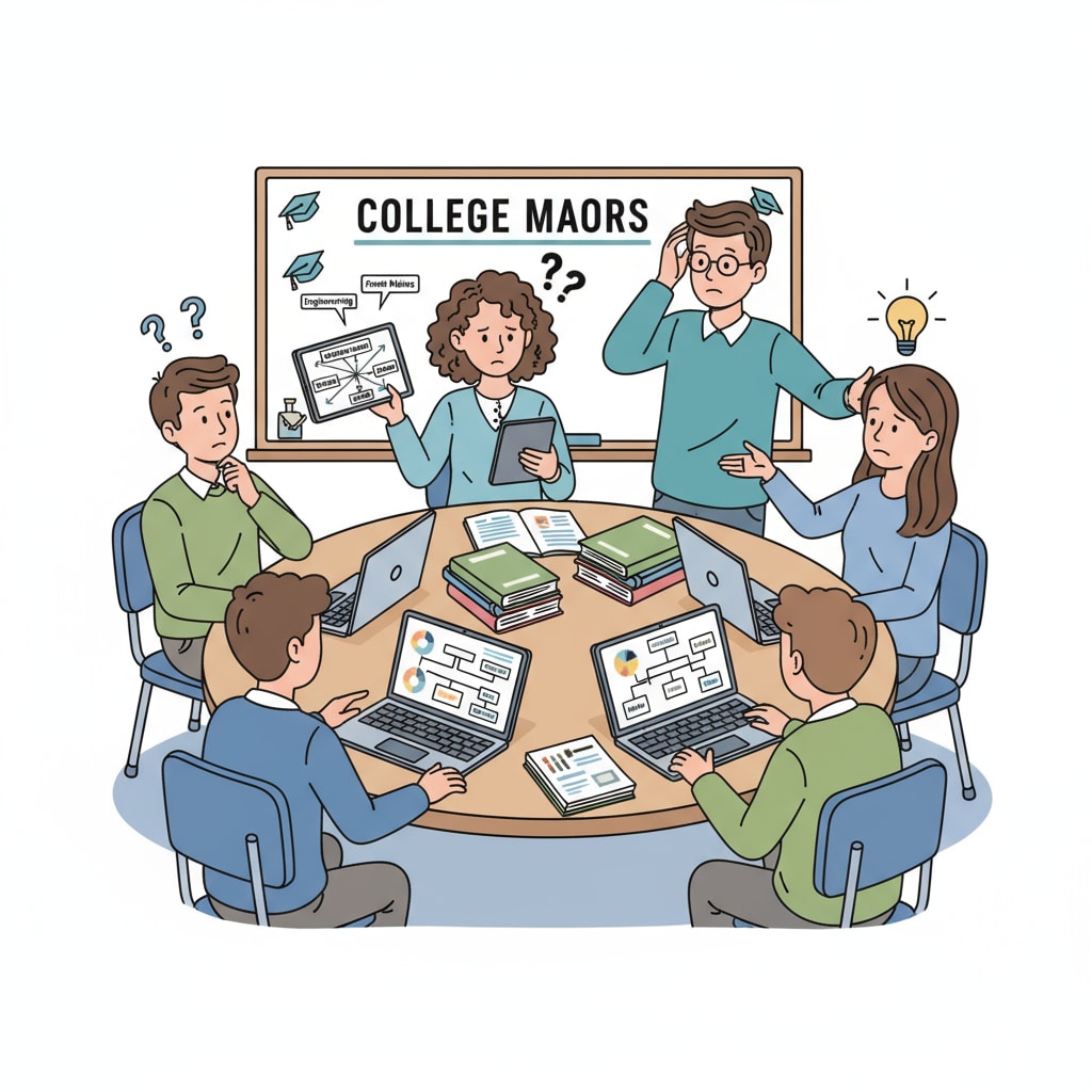 A group of high school students are engaged in a discussion about college majors in a classroom setting, with some showing confused expressions. High school students facing career direction and interest confusion in major selection