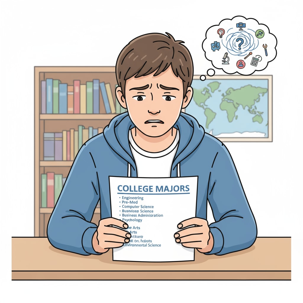 A single student is sitting at a desk, looking intently at a list of college majors, with a worried look on their face. Student experiencing confusion while considering college major options