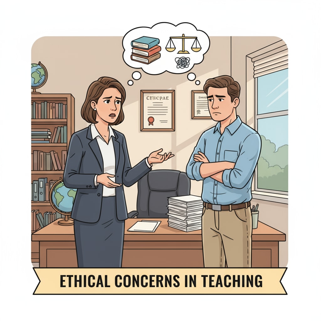 A principal and a teacher are standing in an office, having a tense conversation. The principal has a concerned look, and the teacher seems a bit defensive as they talk about the ethical concerns in teaching. A principal addressing ethical teaching issues with a teacher for administrative certification considerations