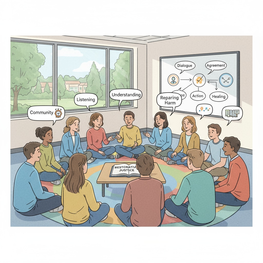 A group of students and teachers sitting in a circle, having a discussion related to restorative justice. Students and teachers engaged in a restorative justice discussion in a school setting