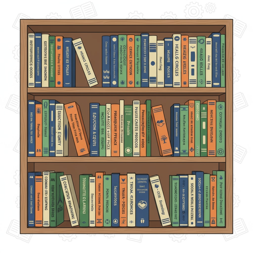 A bookshelf with various books on restorative justice and education topics. Bookshelf containing resources for implementing restorative justice in education