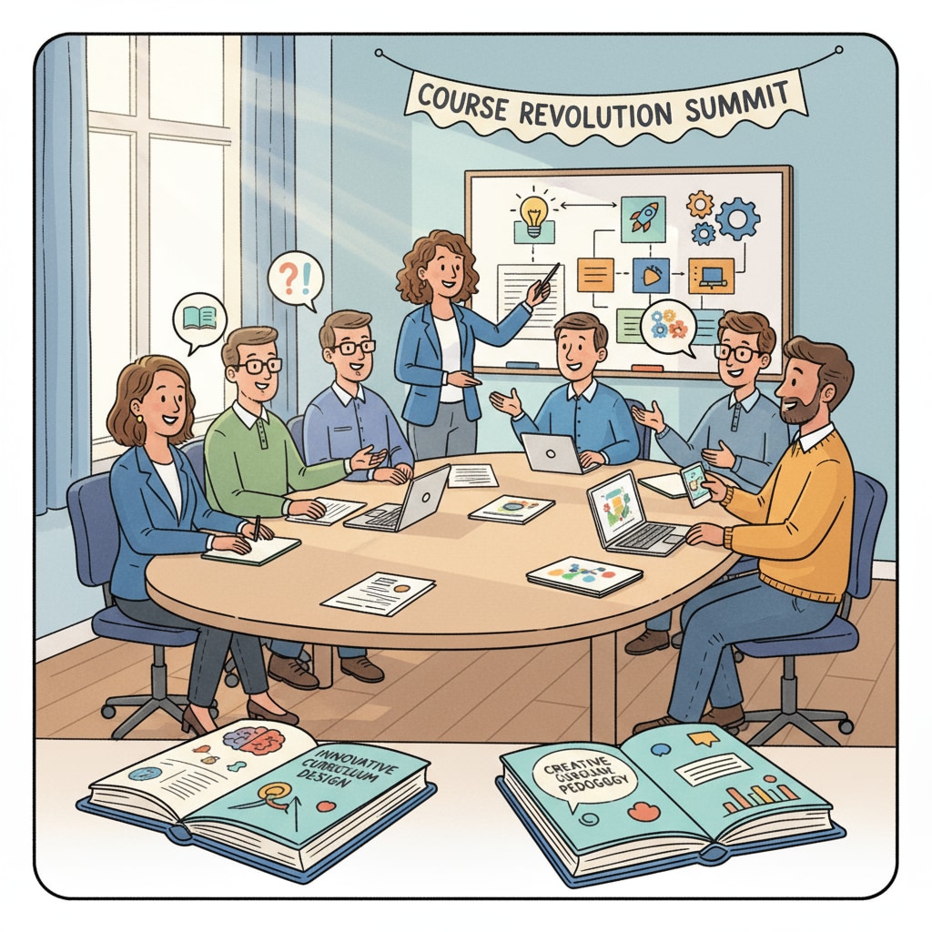 Teachers are gathered in a meeting room, discussing and sharing ideas for creating innovative courses. Teachers discussing innovative course ideas for student engagement