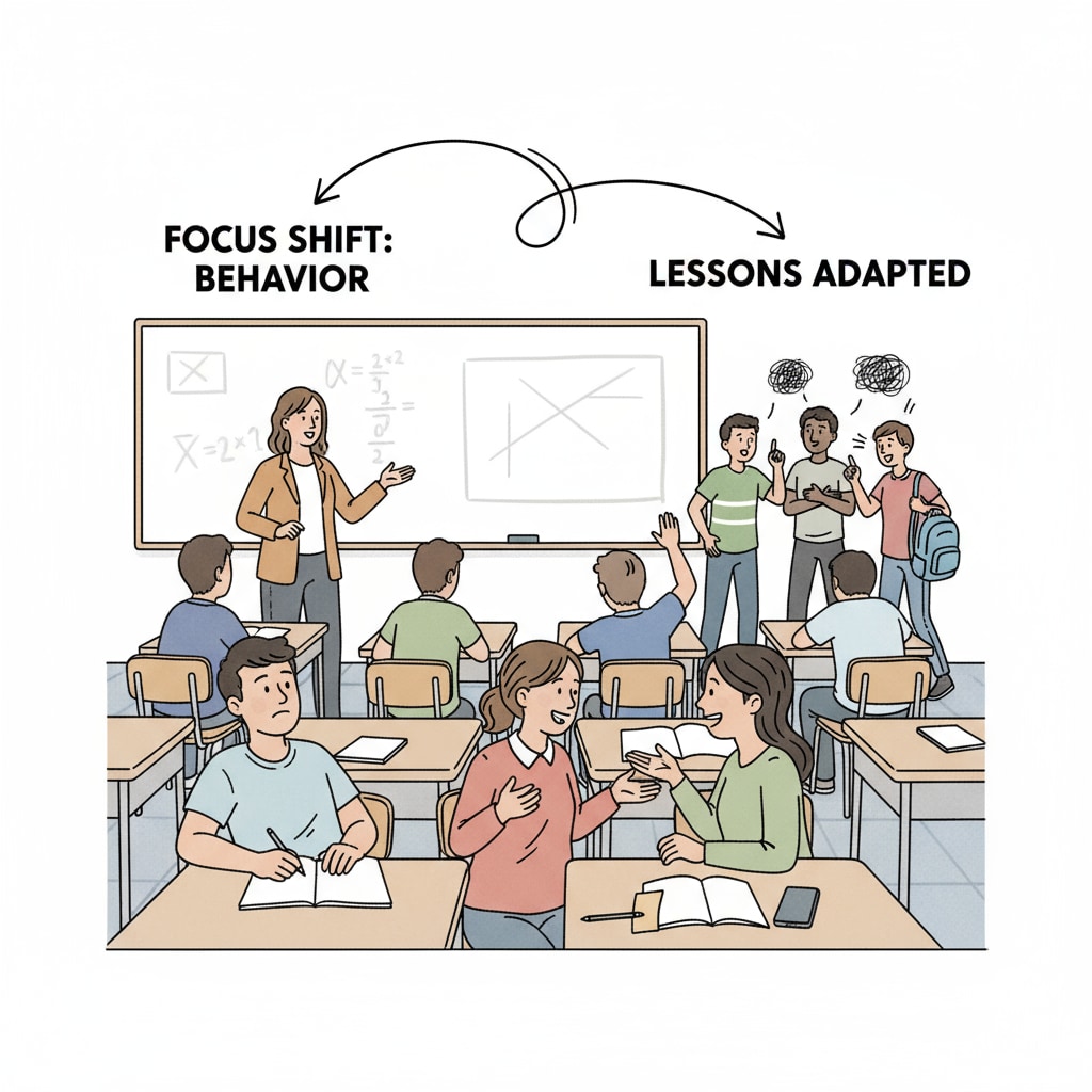 A classroom scene showing students sitting at desks, some looking bored and some engaged in discussions. This represents the current state of regular classes where the focus is being shifted due to behavior problems. A classroom scene depicting the impact of behavior problems on regular classes and student engagement.