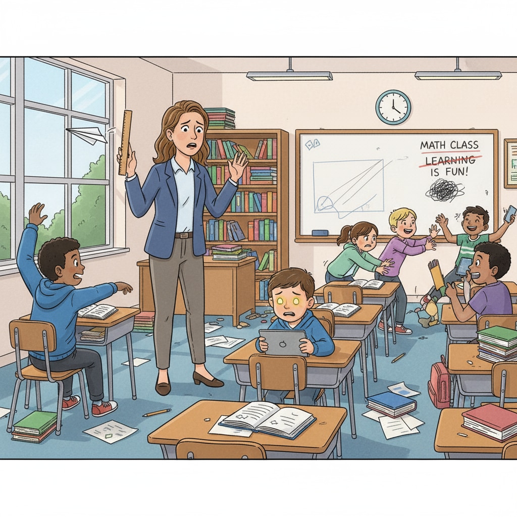 A teacher standing in front of a classroom, trying to manage student behavior. This image showcases the challenges faced by teachers in maintaining a positive learning environment. A teacher struggling to manage student behavior in a classroom, highlighting the impact on educational opportunities.