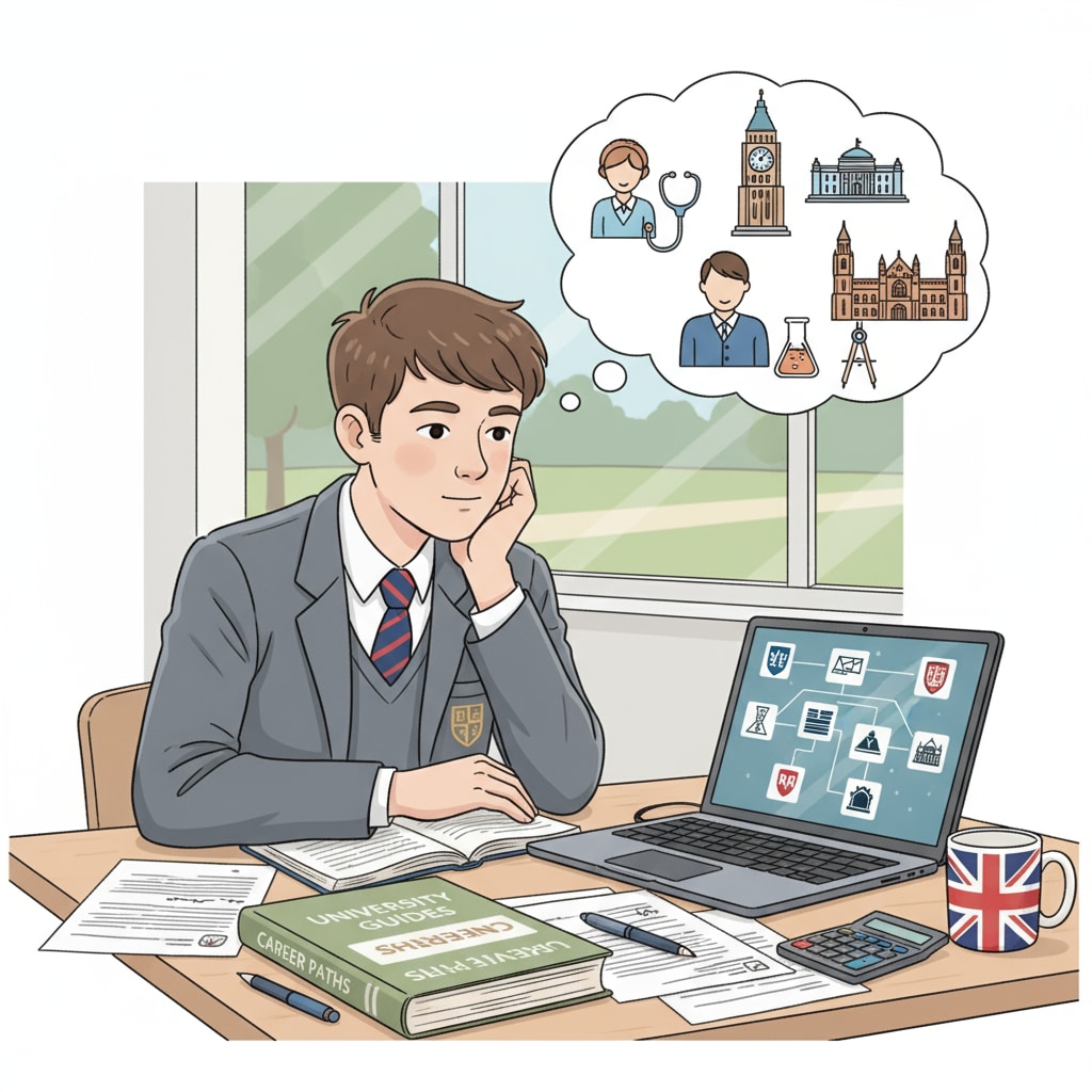 A young British student sitting at a desk, looking at textbooks and a computer, pondering educational choices A British student considering educational choices related to computer science and career planning