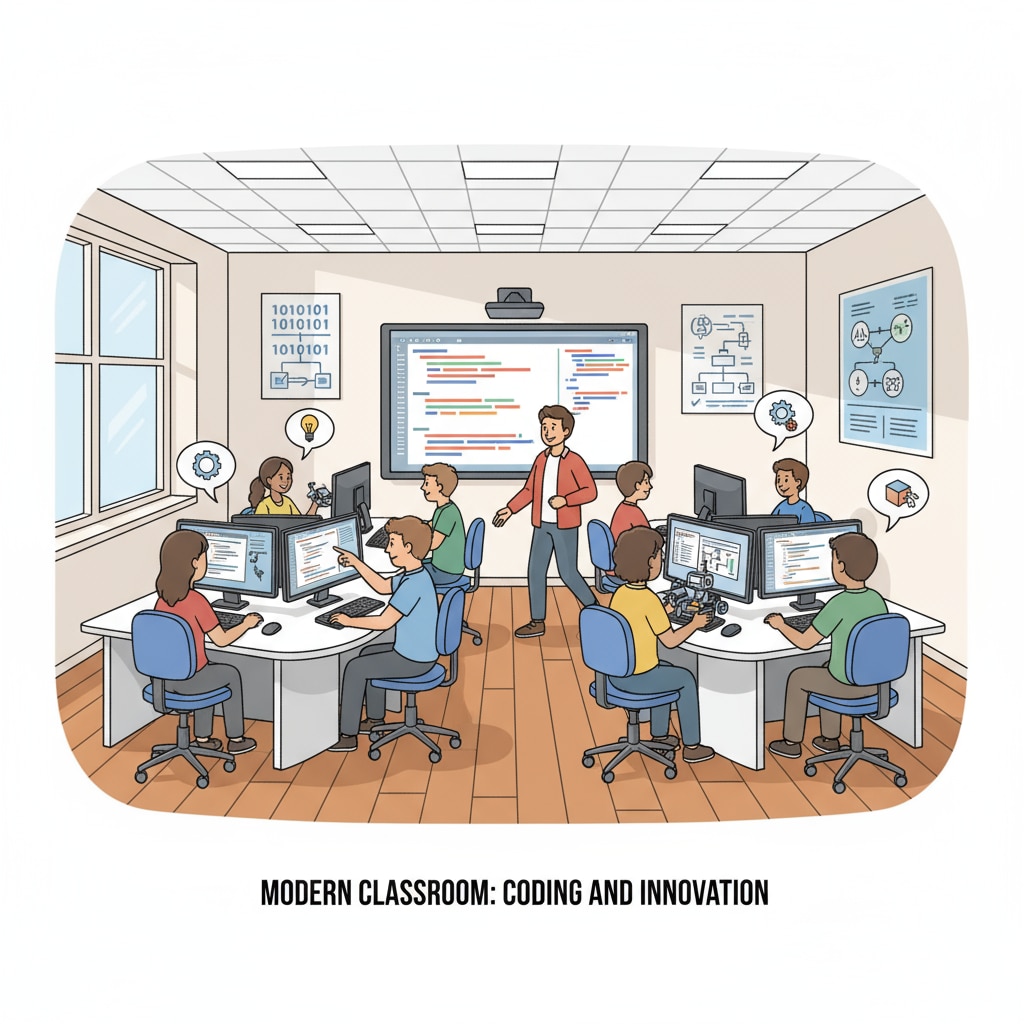 A classroom with students working on computer programming projects Students engaged in computer science projects relevant to educational choices and career planning