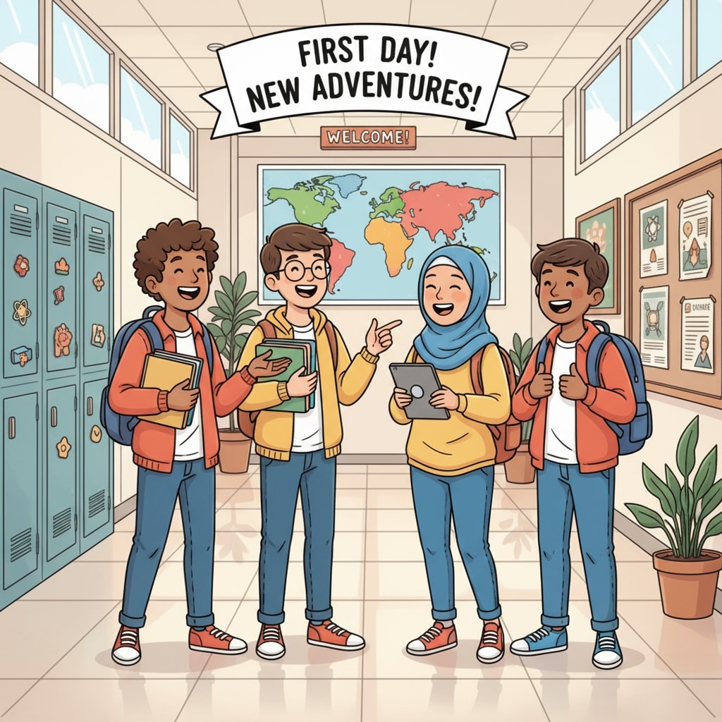 A group of students are smiling and chatting on the first day of school, showing their positive attitude towards the new school environment. Students adapting to a new school environment as part of student transition, adaptation strategies, and educational research