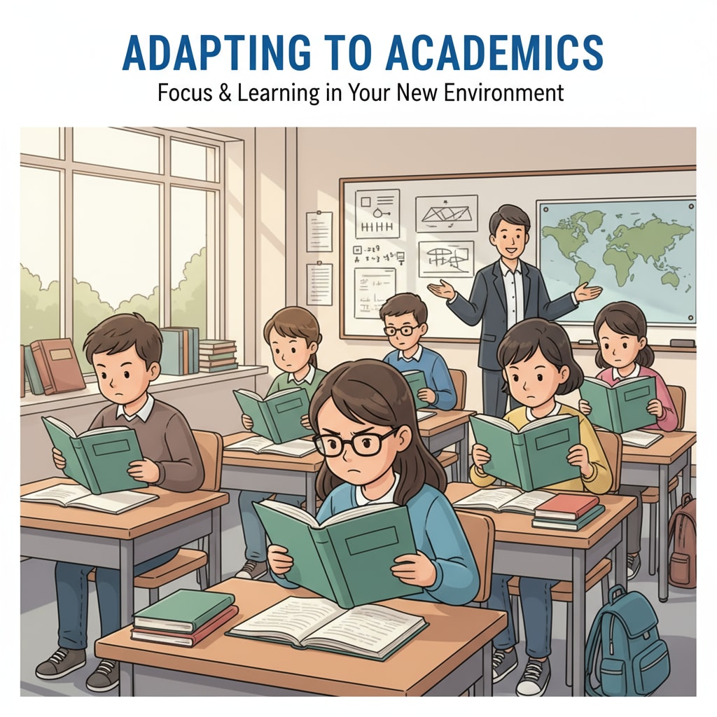Students are sitting at their desks, looking intently at textbooks in a classroom, representing the academic aspect of adapting to a new school or grade. Students engaged in academic activities during the process of student transition, adaptation strategies, and educational research