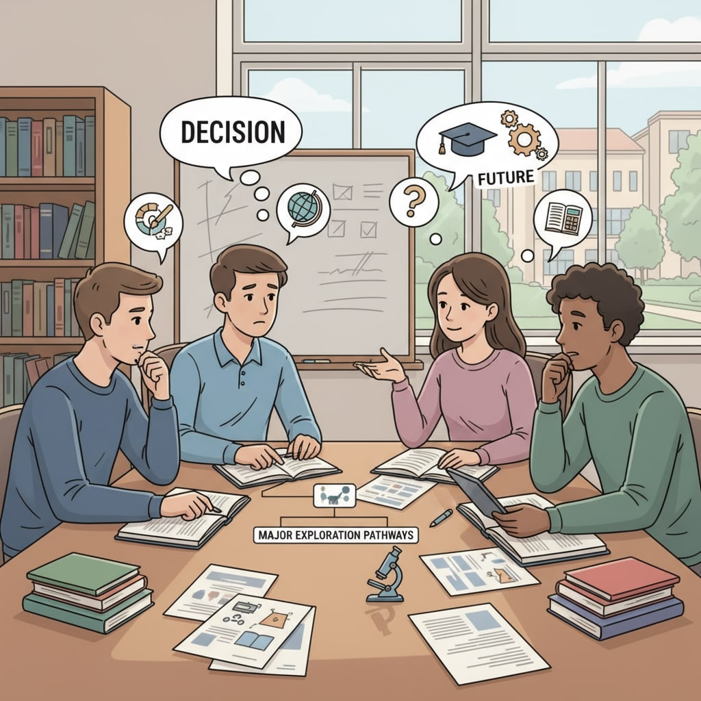 A group of students sitting in a university classroom, looking thoughtful while discussing major choices. This represents the moment of decision-making when choosing a university major. Students discussing university major selection, showing signs of lack of enthusiasm and considering social experience implications.