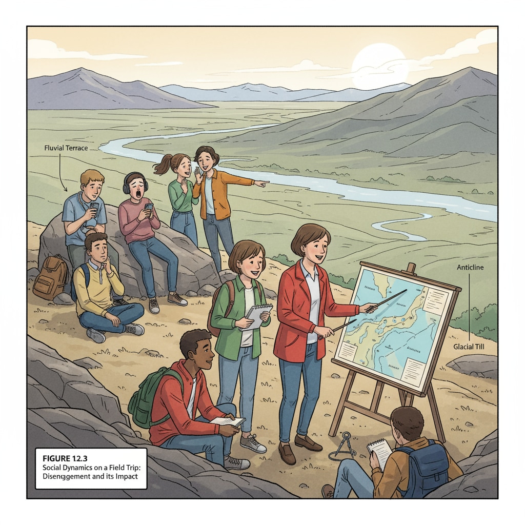 Students participating in a geography field trip, some looking engaged while others seem disinterested. It showcases the impact of lack of passion on social experience during a major-related activity. Students on a geography field trip with different levels of enthusiasm, highlighting the connection between major choice, lack of enthusiasm, and social experience.