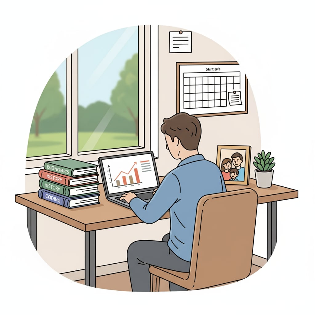 A person sitting at a desk, with a laptop open, books stacked beside, and a family photo in the corner, representing the balance between work, study, and family A person balancing work, study, and family