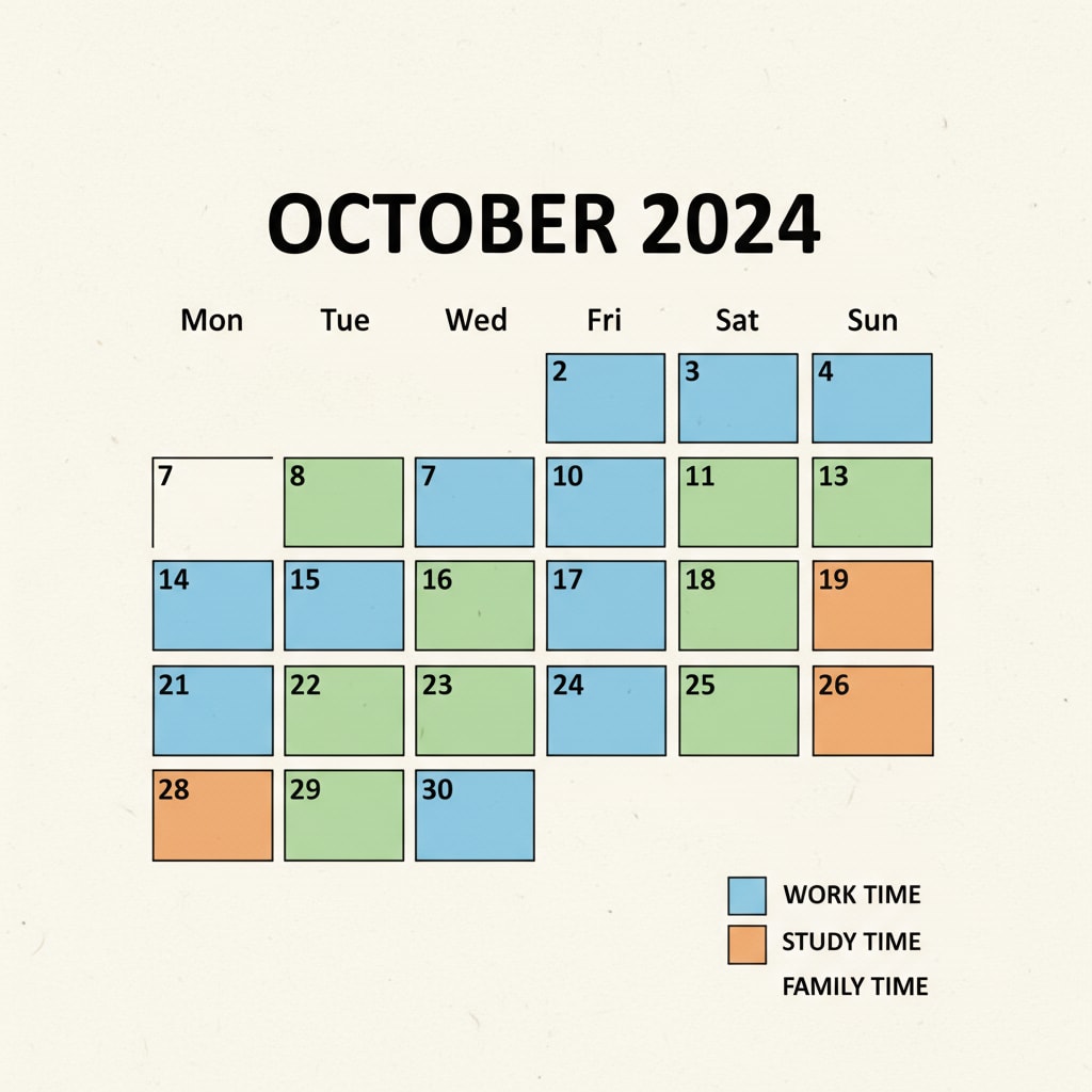A calendar with different colored blocks representing work, study, and family time Calendar showing work, study, and family time allocation