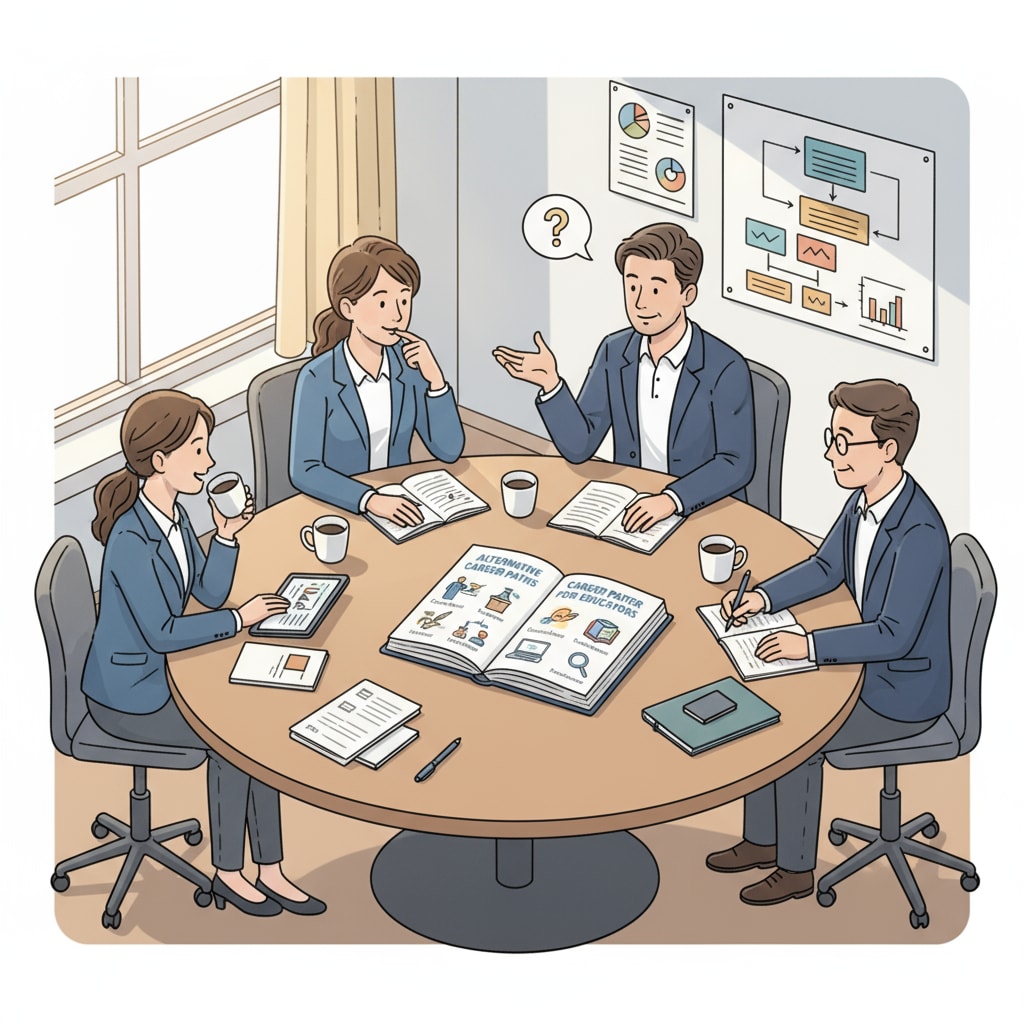 A group of teachers sitting around a table, having a discussion about various career options they can explore outside the traditional teaching environment. Teachers discussing career transitions and professional transformation with educational qualifications.