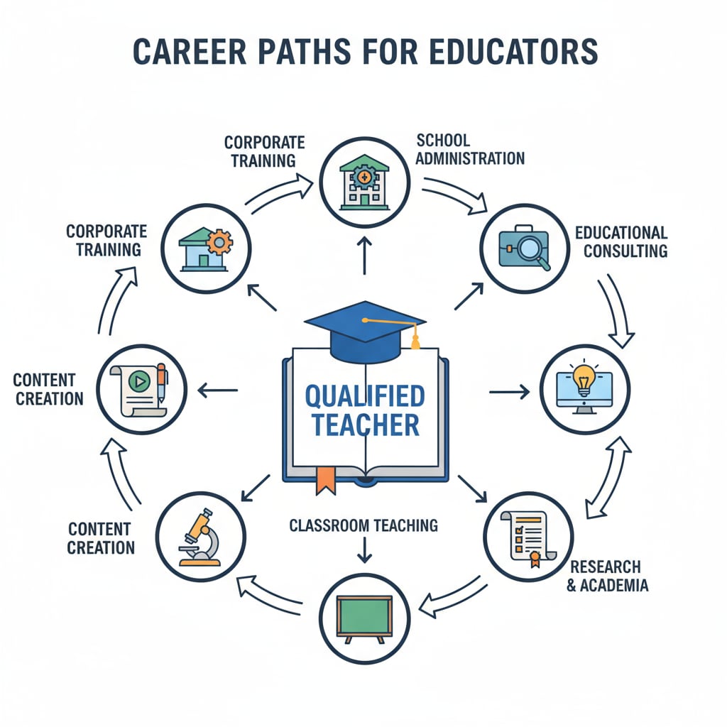 An illustrated diagram showing different arrows pointing to various career paths such as corporate training, educational consulting, and content creation for teachers. Illustration of career paths available for teachers with educational qualifications during career transitions and professional transformation.