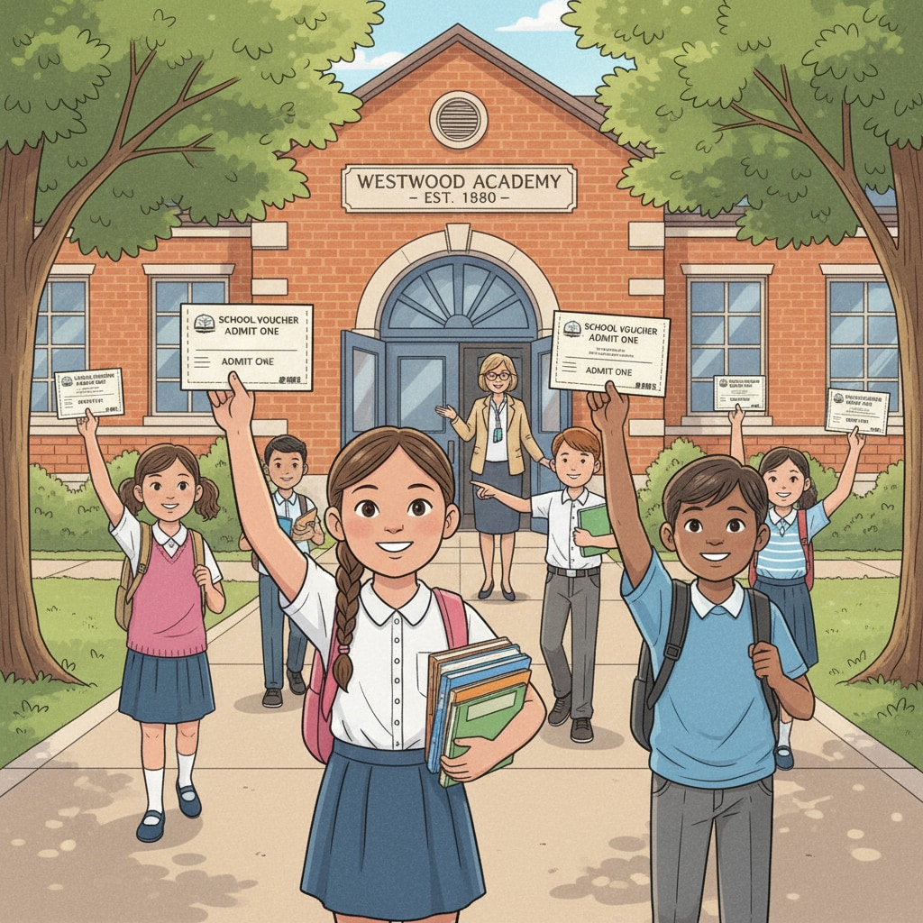 A group of students walking into a public school building, with school vouchers in hand. Students entering a public school with school vouchers related to public education funds.