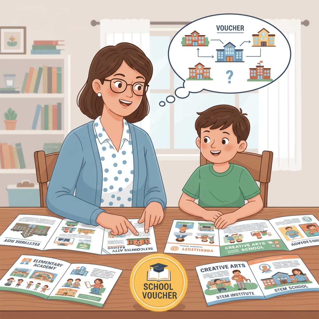 A parent and child looking at different school brochures, considering using school vouchers. Parent and child considering school vouchers for educational choices regarding public schools.