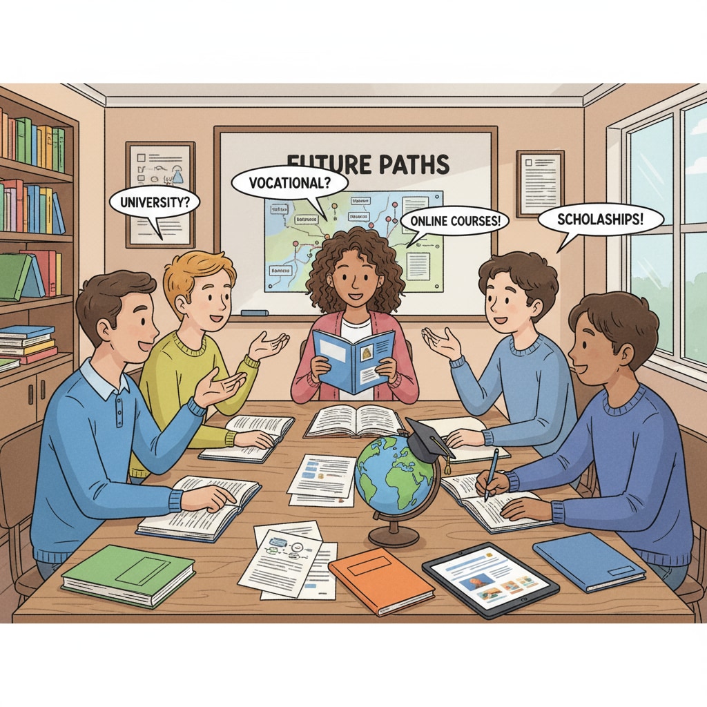 A group of teenagers sitting together discussing their education options. They look engaged in the conversation, with books and papers on the table, showing their interest in exploring different ways to continue their education. Teenagers discussing education choices including GED and other options for dropouts.