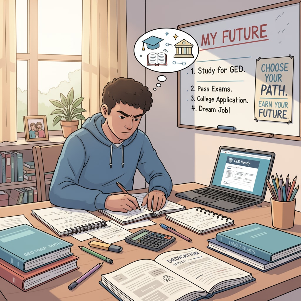 A teenager studying for the GED exam at home. The teenager is sitting at a desk, surrounded by study materials, concentrating on preparing for the GED exam, highlighting the efforts in choosing this alternative education path. A dropout teenager preparing for the GED exam as an education choice.