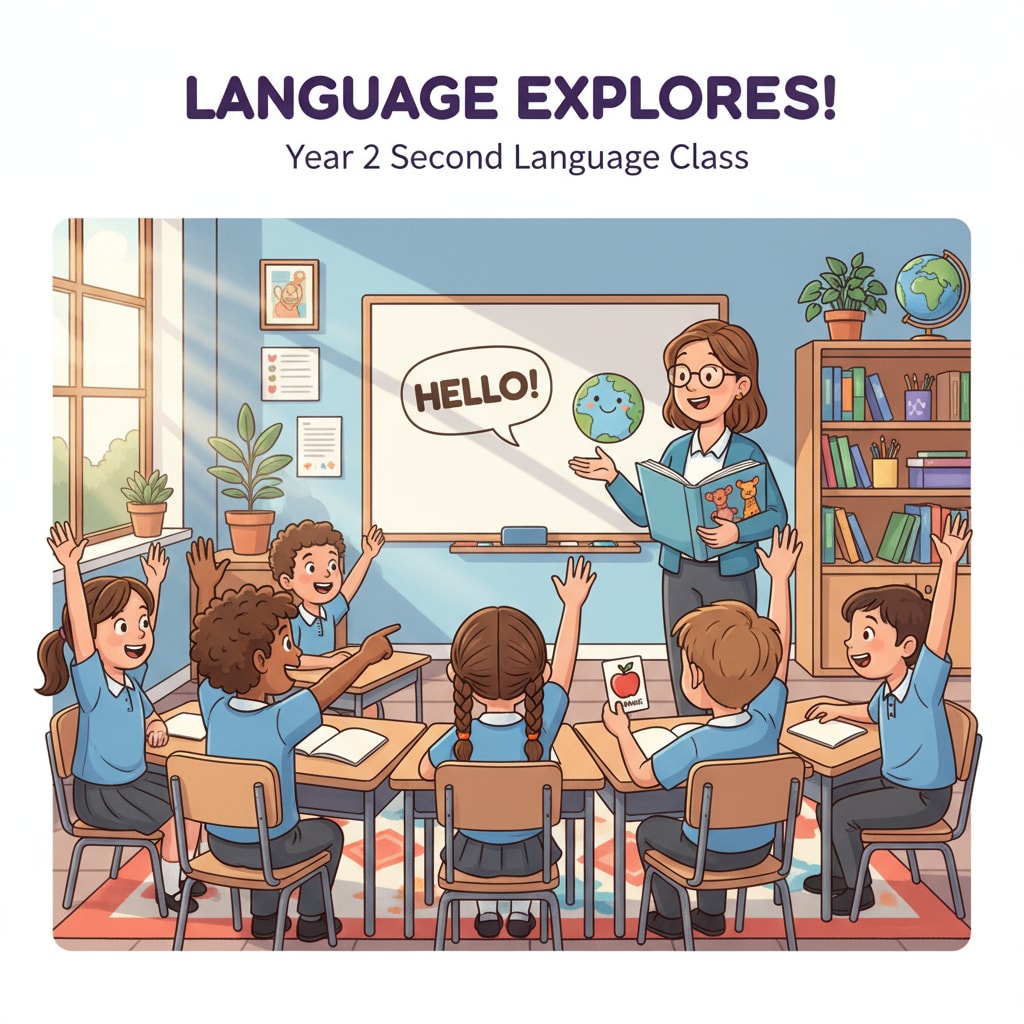 A group of lower primary school students are sitting in a classroom, actively raising their hands and participating in a second language class. They are listening attentively to the teacher and interacting with each other. Lower primary school students actively participating in a second language class in language teaching of early education