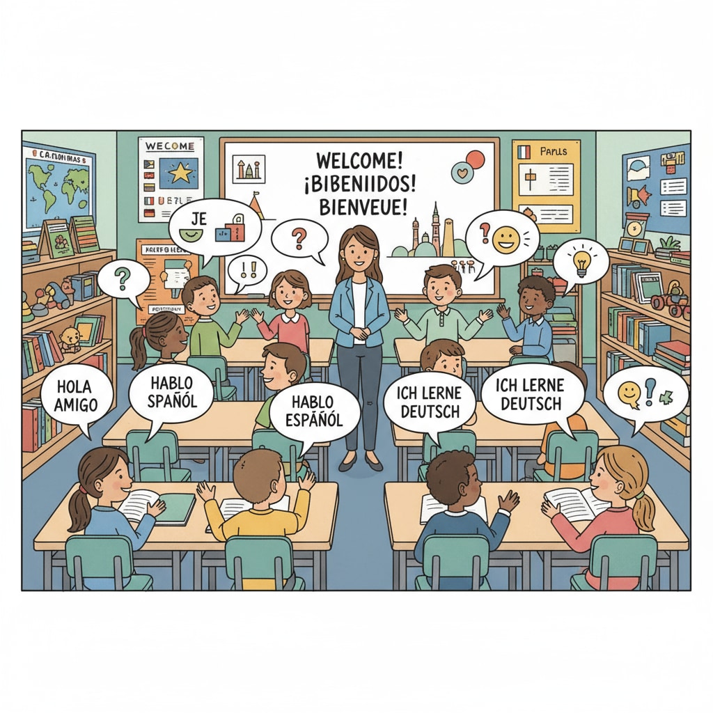 Students in an immersion classroom are chatting with each other in the second language. They are using the target language to express their thoughts and ideas. Students in an immersion classroom communicating with each other in the second language in early education language teaching