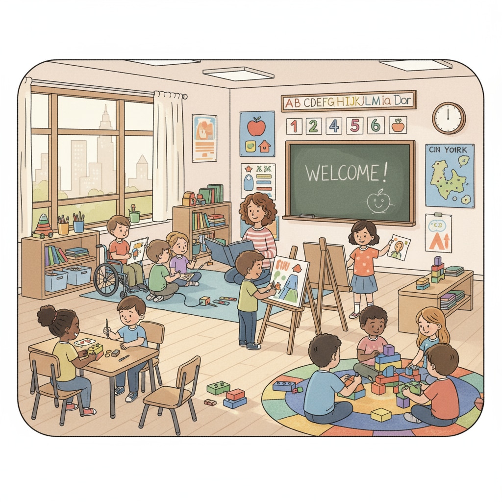 A classroom scene in a New York kindergarten with children engaged in various activities, showing a diverse group of kids interacting and learning. A diverse group of children in a New York kindergarten classroom, related to gifted education, kindergarten admissions, and educational equality