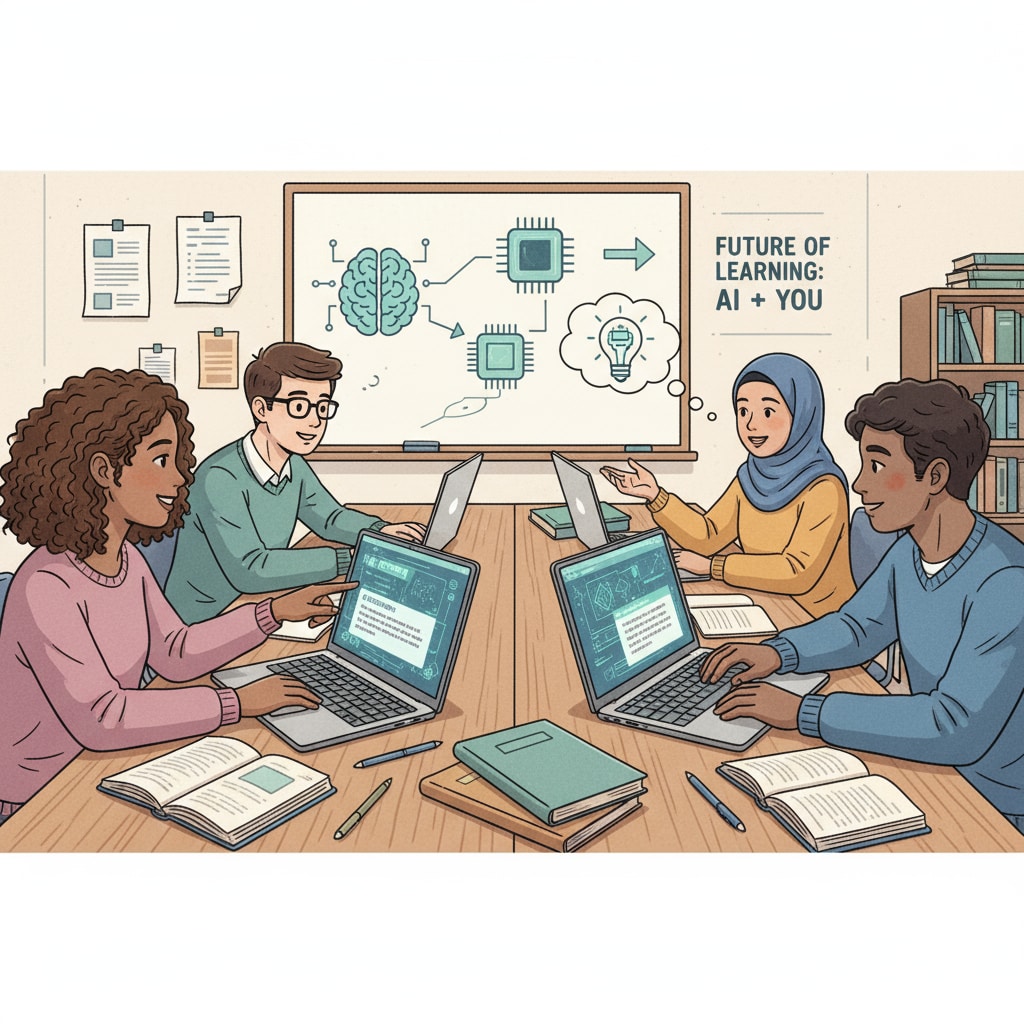Students are seen using laptops with AI writing tools open in a classroom, showing the integration of AI in the learning environment. Students using AI tools in a classroom related to AI policies, academic integrity, and writing skills