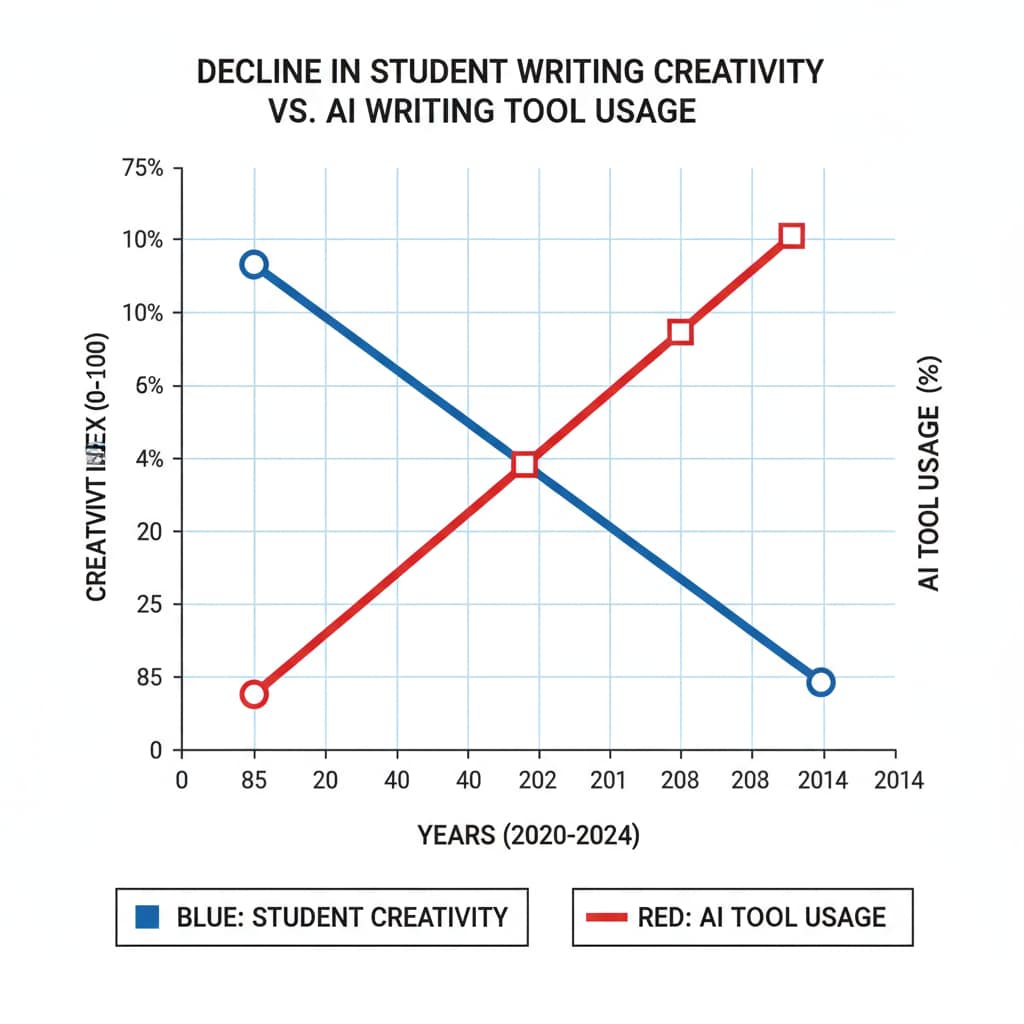 A graph depicting the decreasing trend of students' writing creativity over time with increased use of AI writing tools. Graph showing the decline in students' writing creativity due to AI use relevant to AI policies, academic integrity, and writing skills