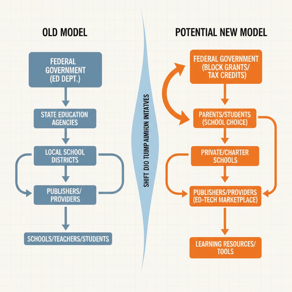 The diagram shows the old and potential new models of educational resource allocation and decision - making, highlighting the shift that could occur with the Trump administration's initiatives. Diagram of educational resource and decision - making flow before and after Trump administration's education system restructuring