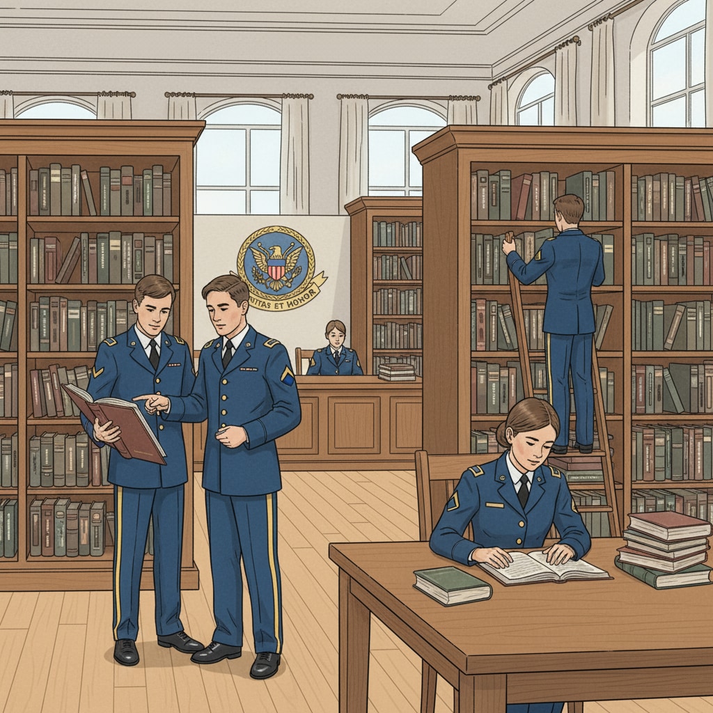 A group of students are browsing and reading books in the library of a military school, with various bookshelves filled with different kinds of books. Students reading books in a military school library related to LGBTQ+ books, First Amendment, and DoD education