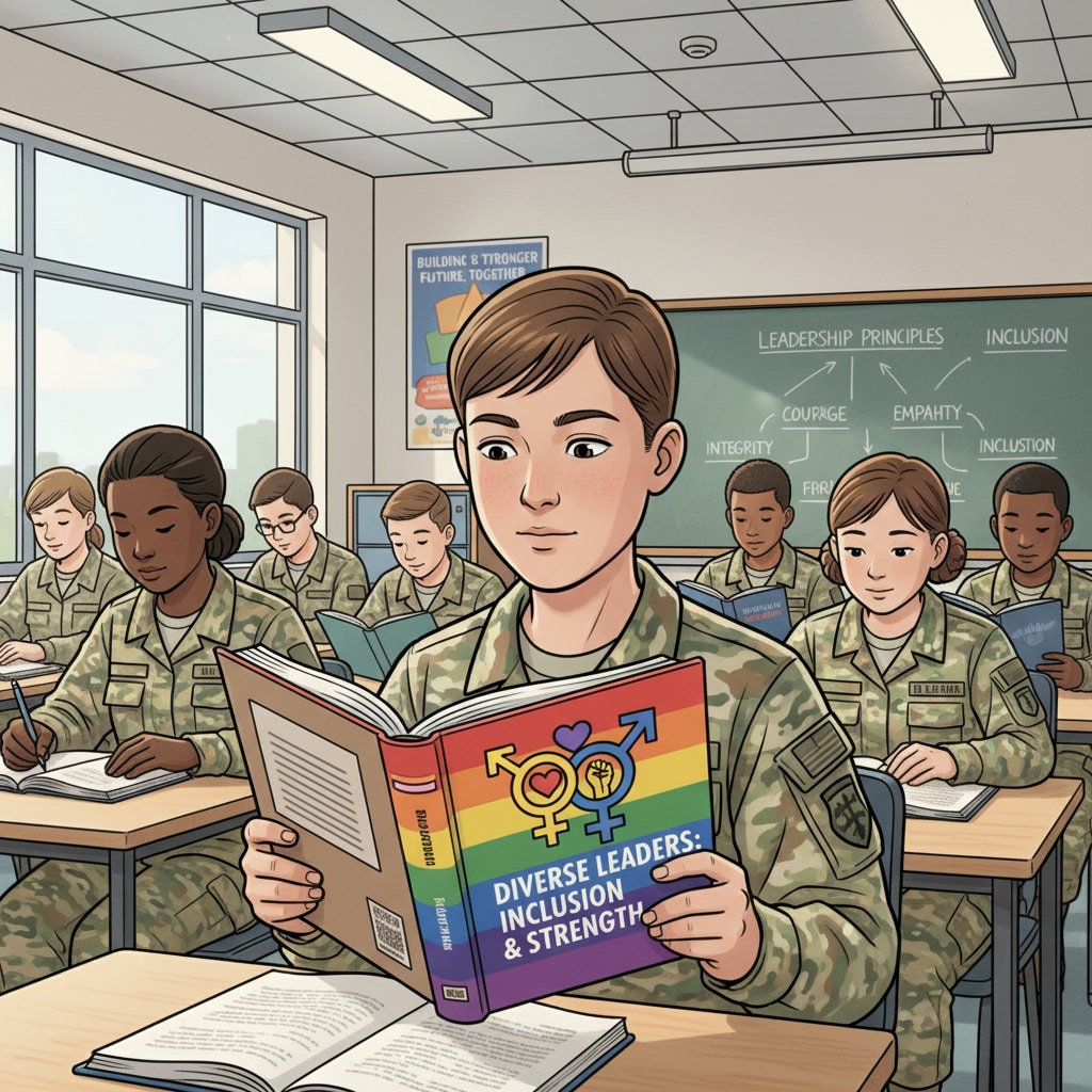 A young student is holding a book with a cover that indicates an LGBTQ+ theme in a classroom of a military school, looking engaged. A student holding an LGBTQ+ themed book in a military school, relevant to First Amendment and DoD education