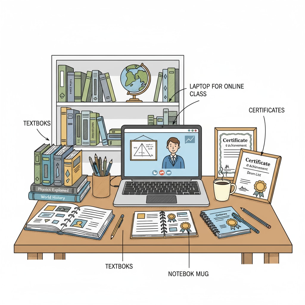 An illustration of a student studying online with a laptop, surrounded by books and certificates. A student engaged in online education, aiming for academic certificates and career security.