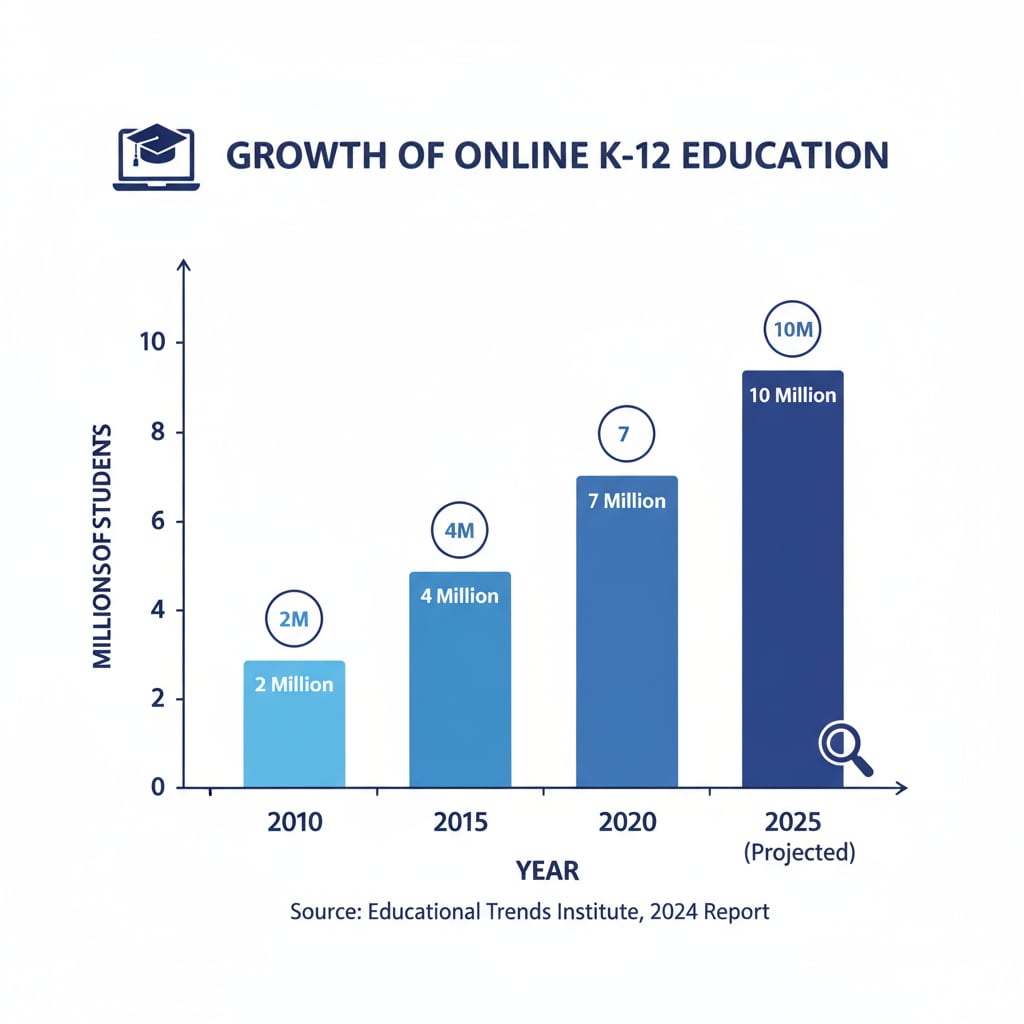 A graph showing the increasing popularity of online K12 education over the years. Graph depicting the growth of online K12 education related to academic certificates and career security.