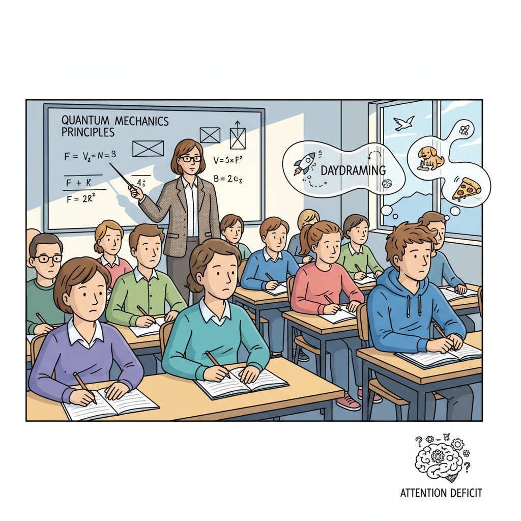 A classroom scene where a student with attention deficit is distracted while others are listening to a theoretical lecture. A student with attention deficit being distracted during a theoretical lecture