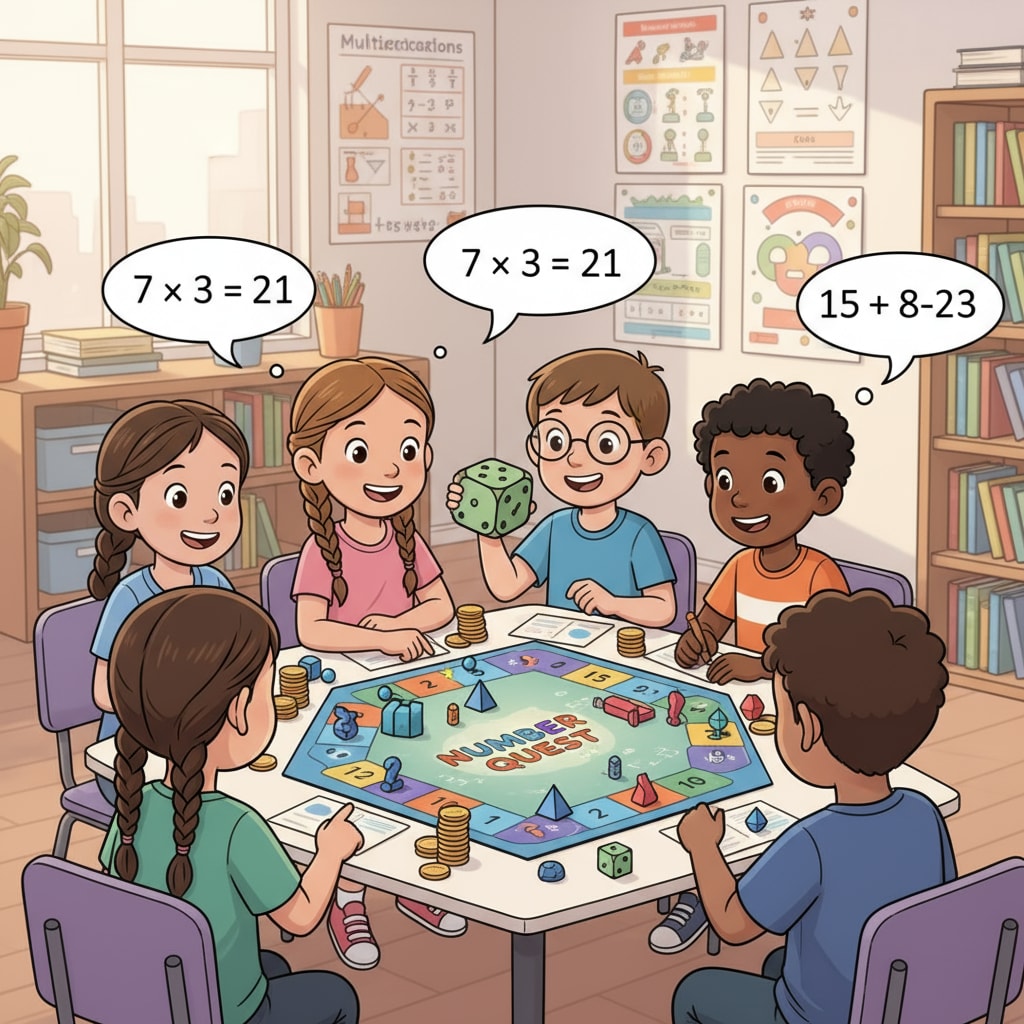 A group of 9-year-old children are sitting around a table, happily engaged in a math-related board game. They are focused on moving their game pieces and calculating numbers, showing great enthusiasm for the learning activity. 9-year-old children engaged in a fun math learning activity to overcome math difficulties