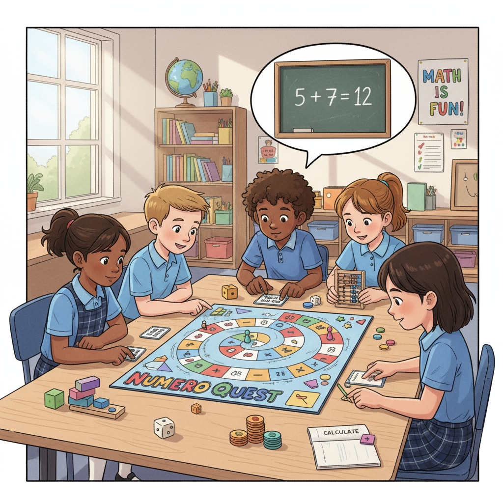 Children are gathered around a table, playing a math board game. They are concentrating on the game, moving tokens, and calculating numbers, which indicates their active participation in learning math through a fun game. Children playing a math board game to improve their math skills
