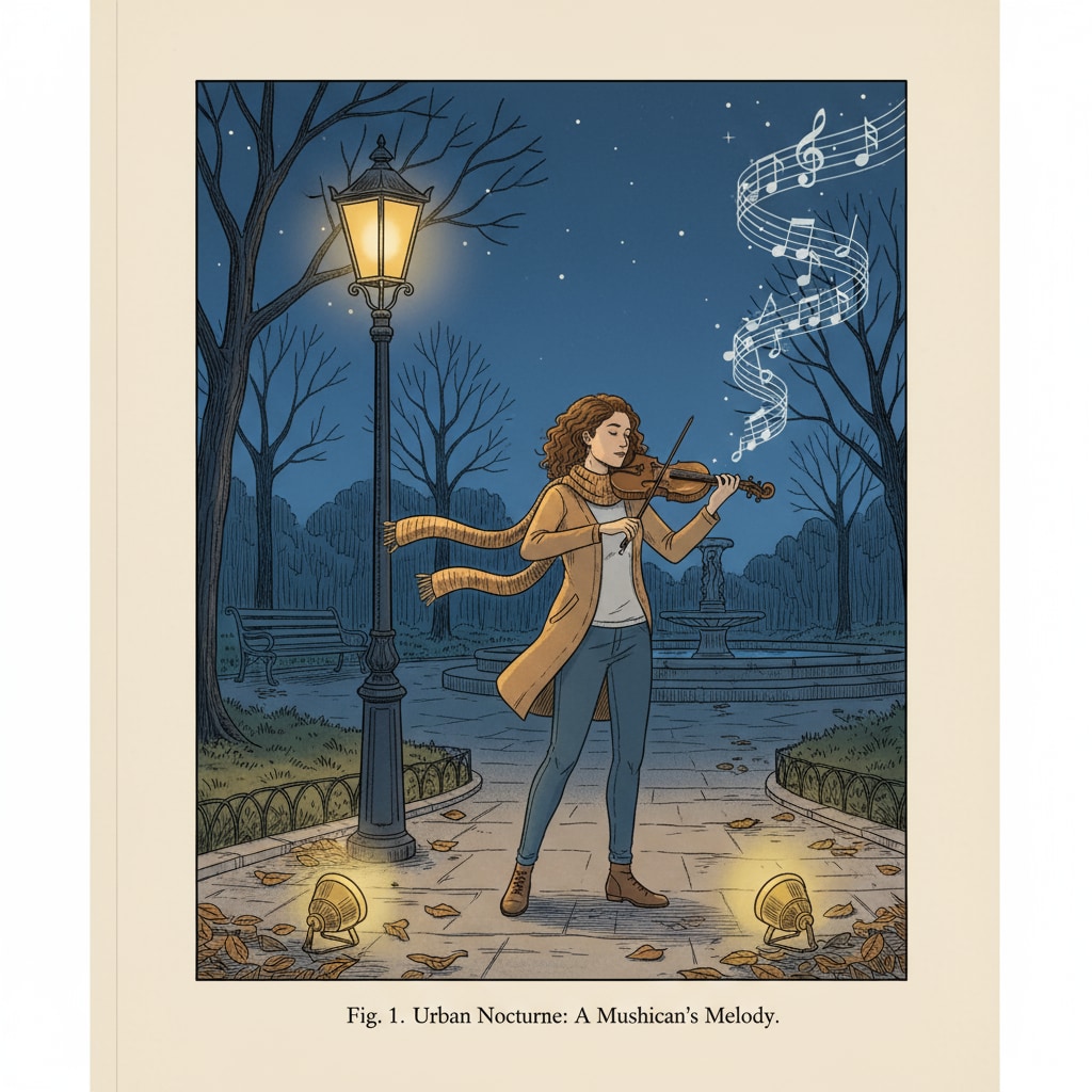 A street musician is playing a violin in a park at night. The soft lighting adds to the mood, and the sound of the violin seems to fill the air. A street musician playing a violin in a park at night, highlighting the similarity between violin sound and crying
