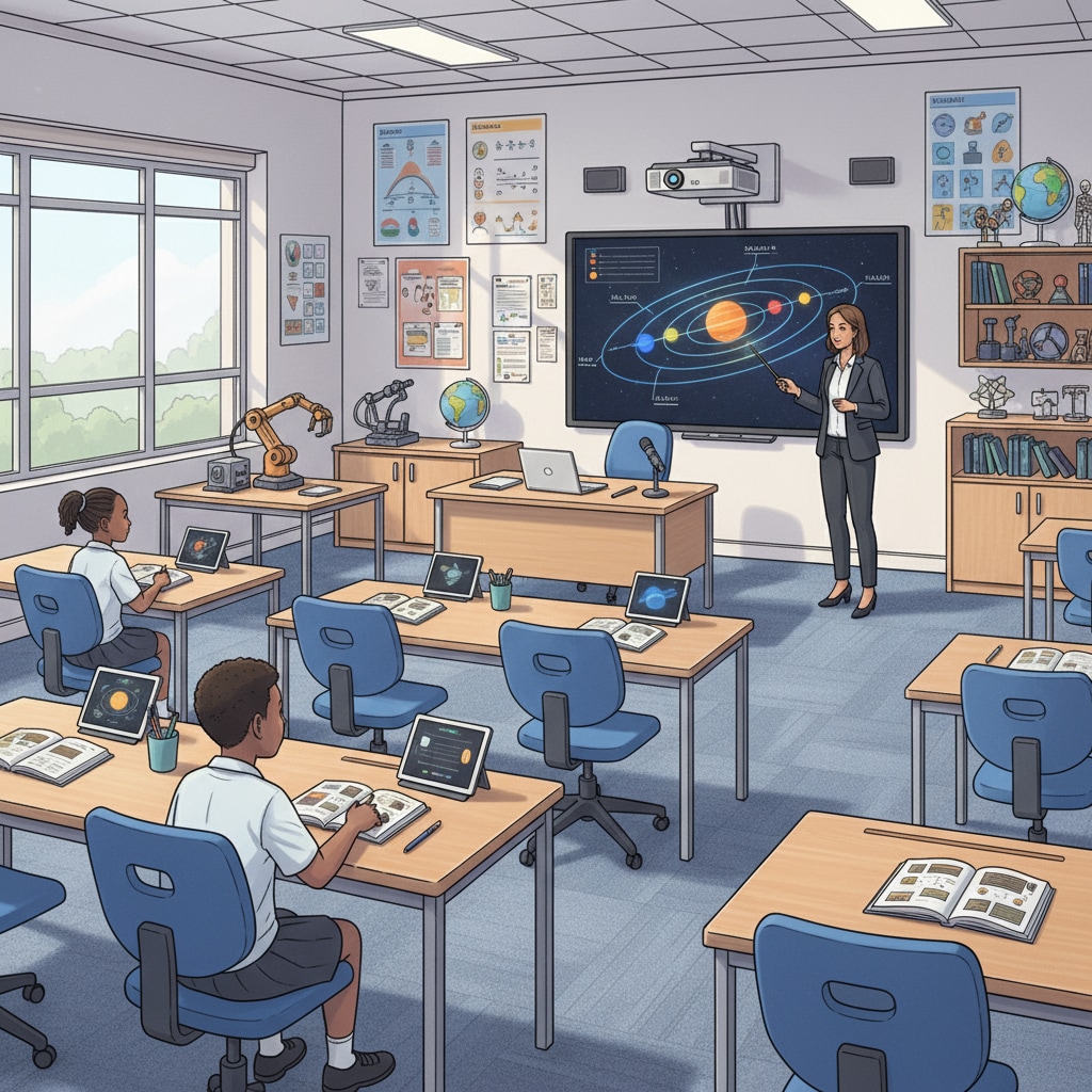A modern and well - equipped classroom in a wealthy South African school with new desks, chairs, and advanced teaching equipment. Well - equipped classroom in a wealthy South African school showing educational inequality and resource gap