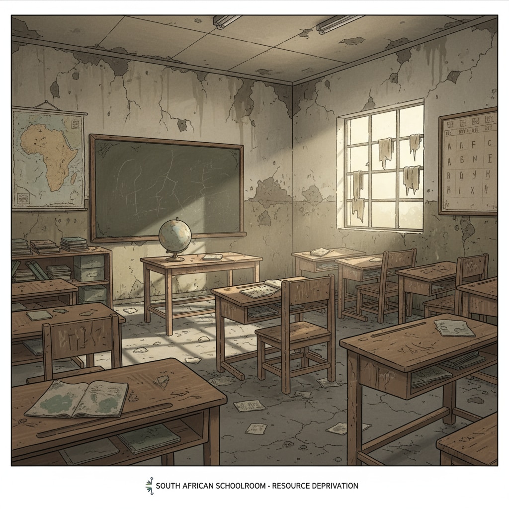 A run - down classroom in a poor South African school with broken desks, peeling walls, and a lack of proper teaching resources. Dilapidated classroom in a poor South African school highlighting educational inequality and resource gap