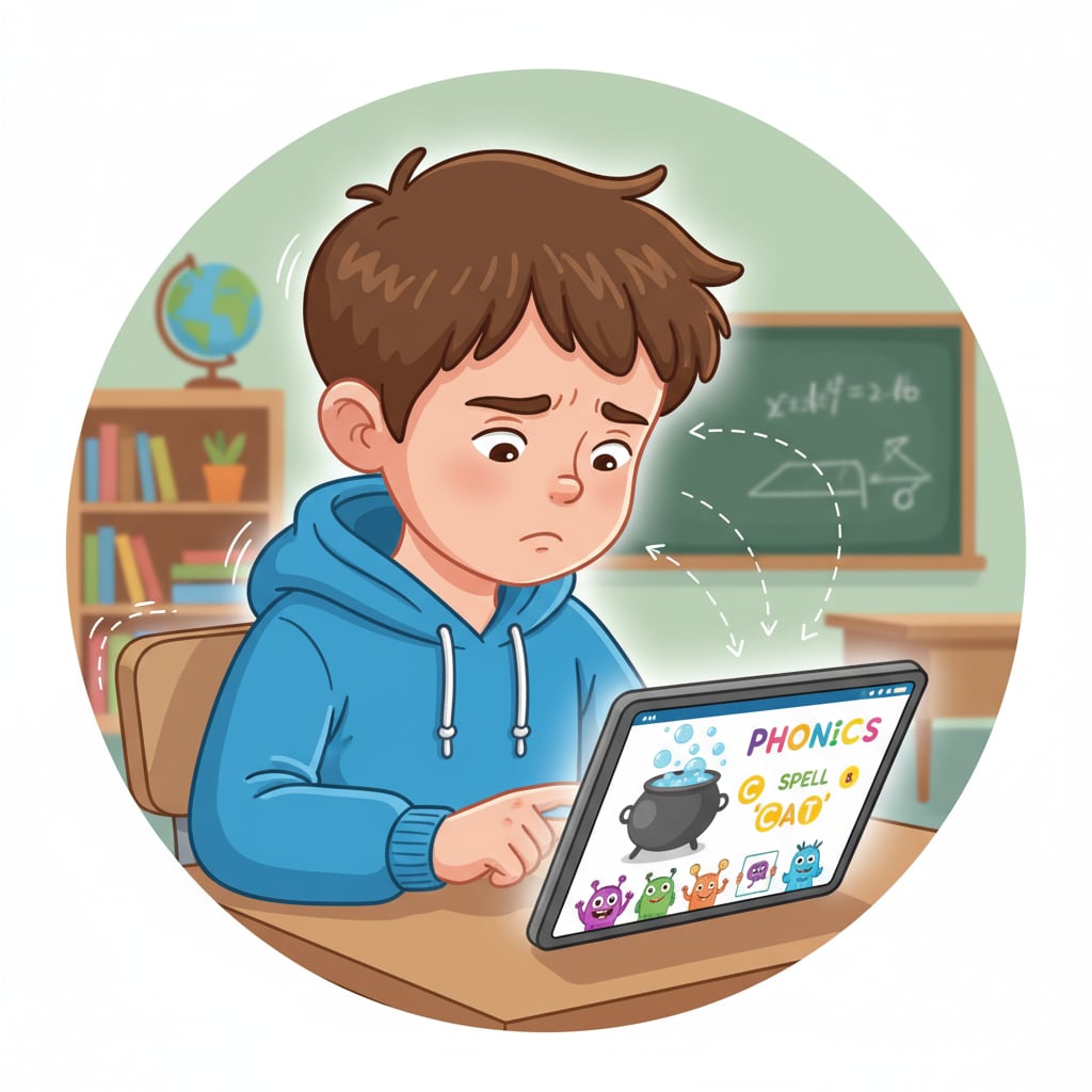 A child with ADHD is intently using an educational app on a tablet. The app's screen shows spelling exercises and colorful graphics to keep the child engaged. A child with ADHD using an educational app for spelling learning