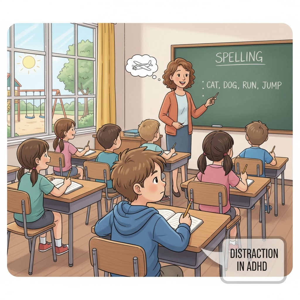 A classroom scene where several children are sitting at desks. One child with ADHD is looking out of the window, appearing distracted during a spelling lesson. A child with ADHD being distracted in a traditional spelling classroom