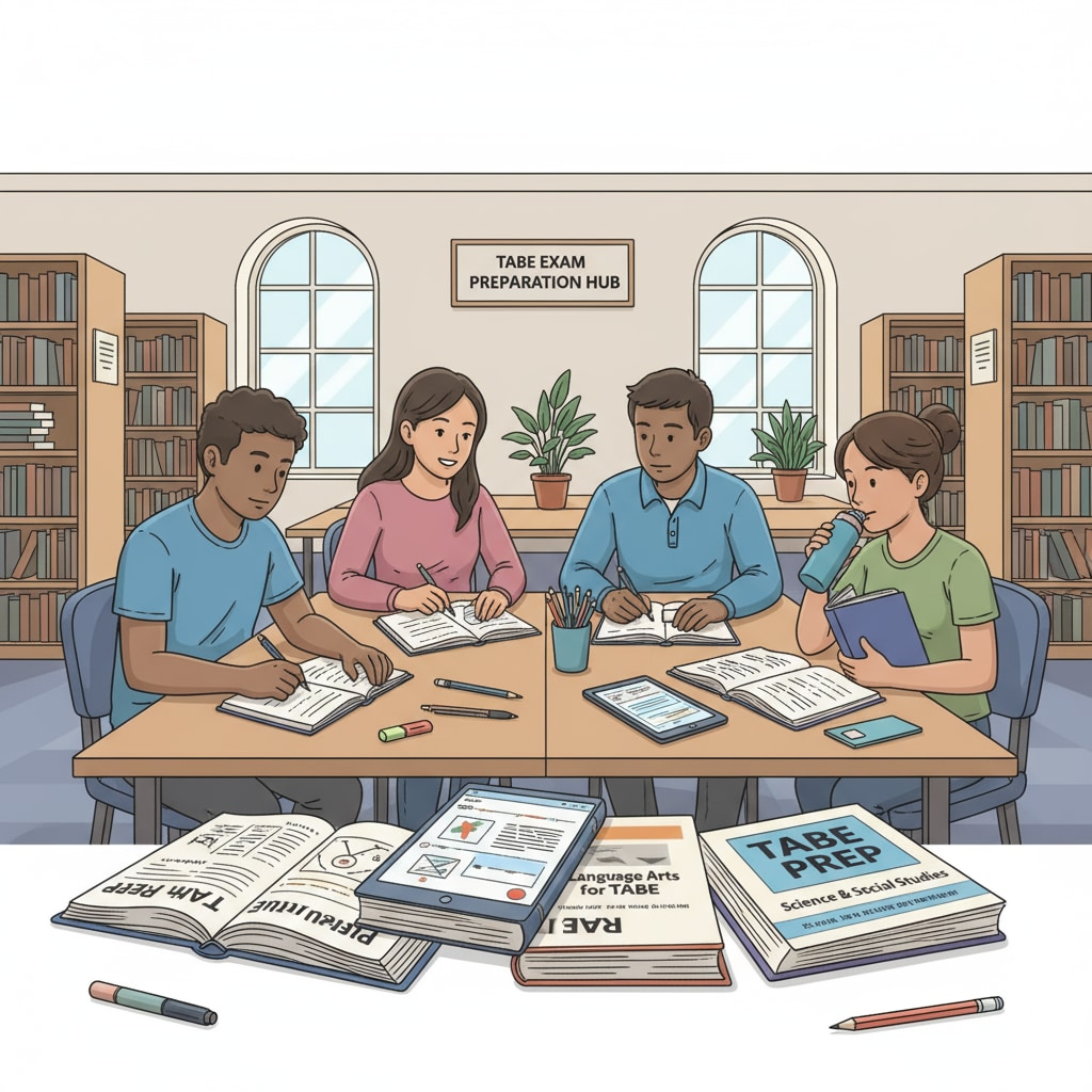 A group of young people are sitting at tables in a library, books and study materials spread out in front of them as they study for TABE exams. Young people studying for TABE exams related to becoming firefighters and entering EMT courses in a library