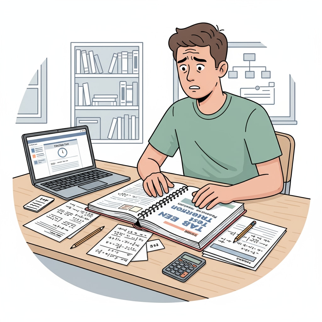 A student is sitting at a desk, looking worried with TABE exam study materials open in front of them. A concerned student studying TABE exam materials for a career as a firefighter and EMT course entry