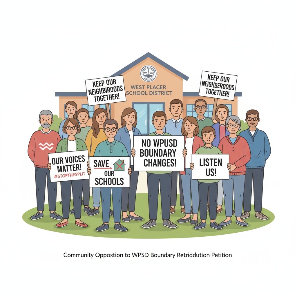 A group of community members is gathered, holding signs related to the WPUSD boundary redistribution petition, showing their opposition. Community members protesting against WPUSD boundary redistribution through a petition